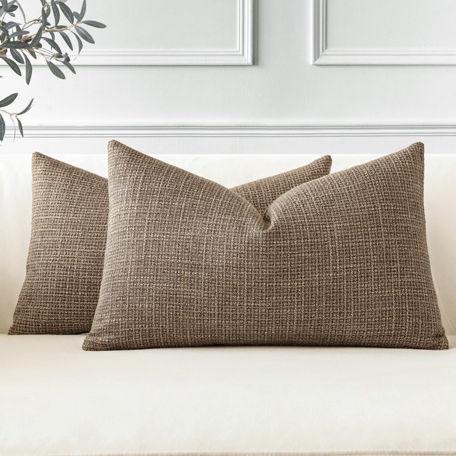 JOTOM Set of 2 Cushion Covers 30x50 cm Linen Coffee Brown Decorative Throw Pillow Covers 12x20 Inch Lumbar Cushion Case Home Decor Pillowcases for Couch Sofa Living Room Bed (Coffee Brown)