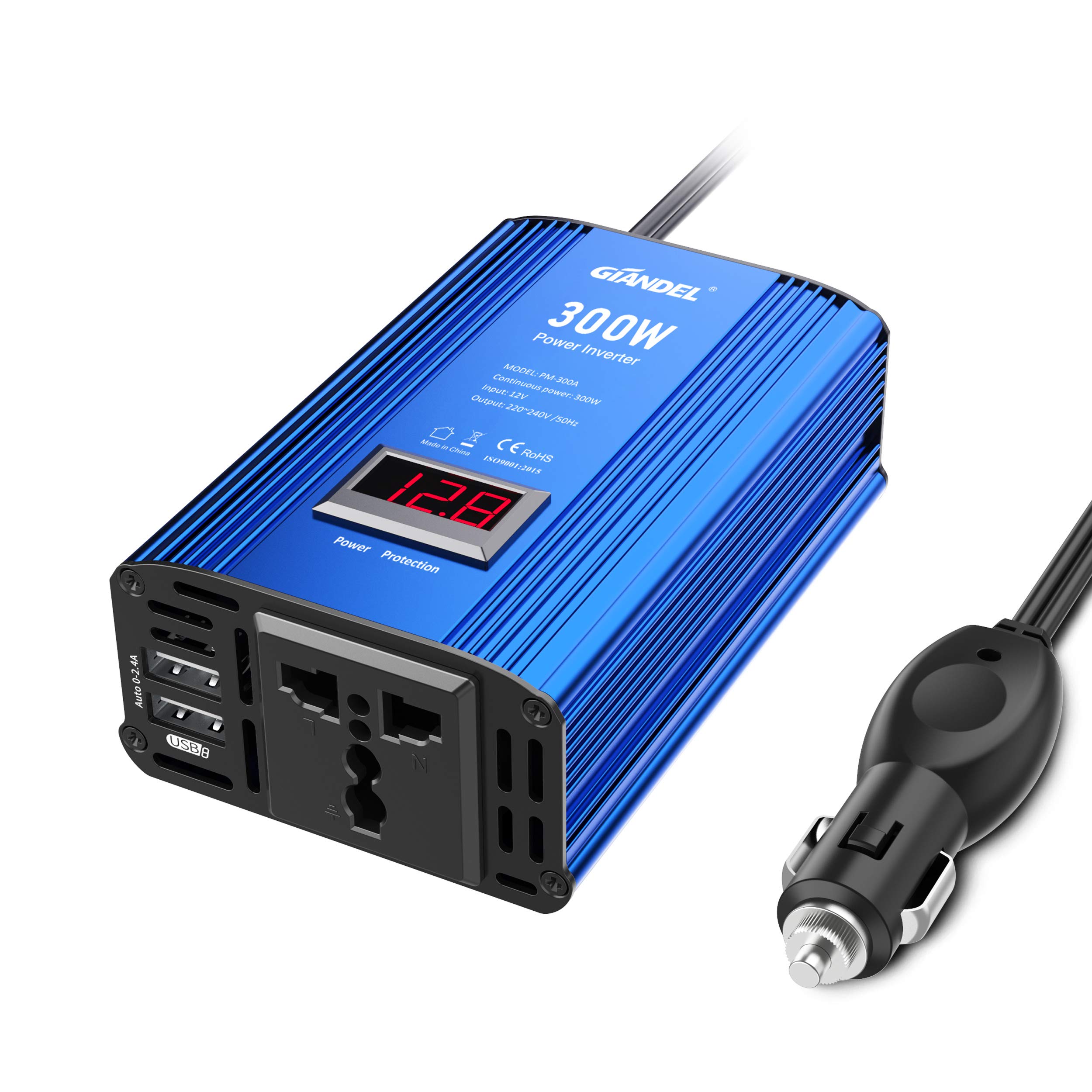 GIANDEL Car Power Inverter 300W Modified Wave DC 12V to 240V 230V AC Car Inverter with 4.8A Dual USB Car Adapter with LED Display