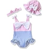 Renotemy Baby Girl Swimsuit Infant Bathing Suit Swimwear Sleeveless Bikini Tankini Toddler Girl One-Piece Swimsuit with Hat