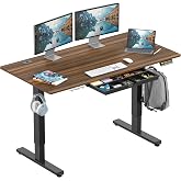 SHW 55 x 28 Electric Height Adjustable Standing Desk w/Drawer, Walnut | w/ Memory Presets and Cable Management | Drawer with adjustable compartments | Hanging Hooks