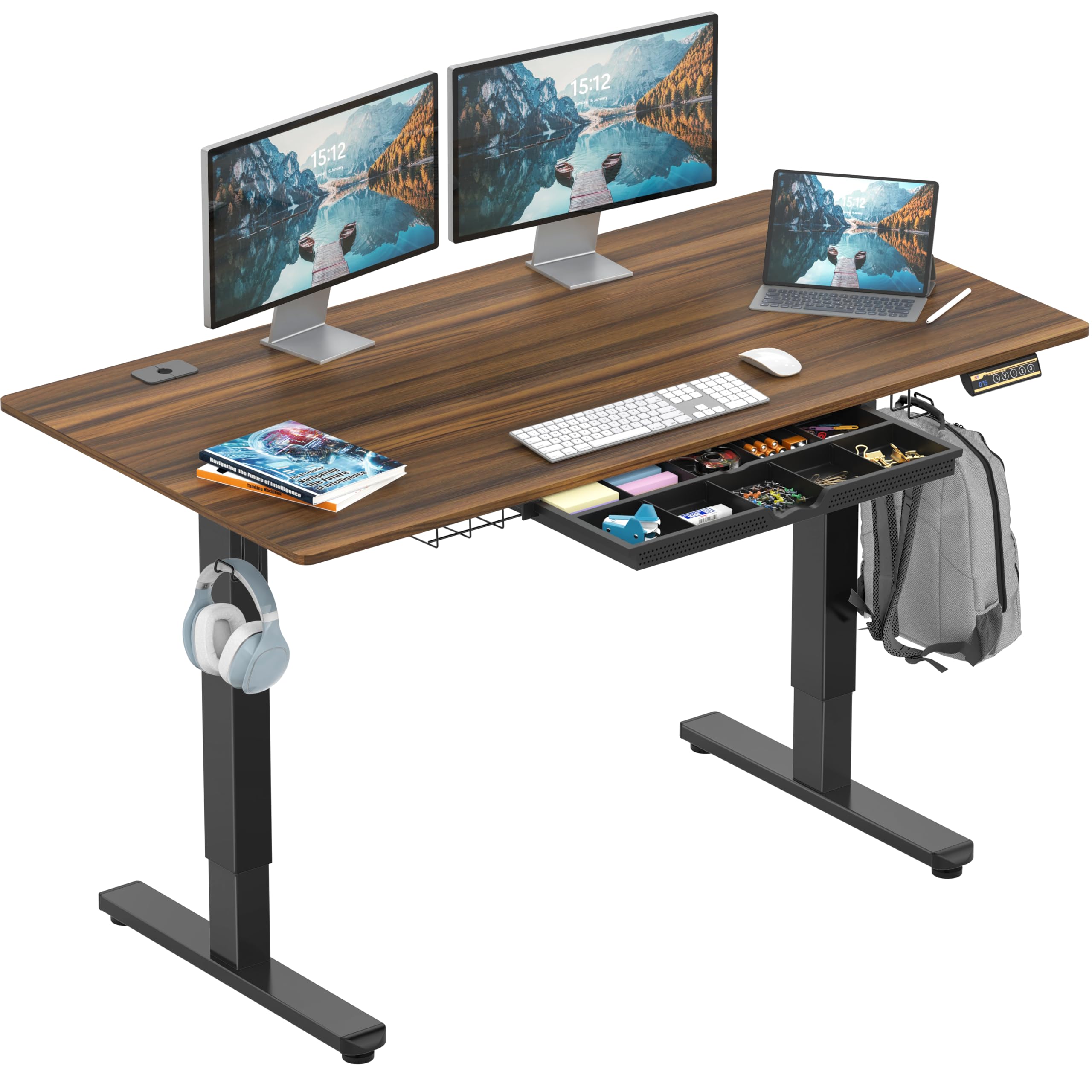 Photo 1 of SHW 55 x 28 Inches Electric Height Adjustable Standing Desk with Drawer and Memory Preset, Walnut
