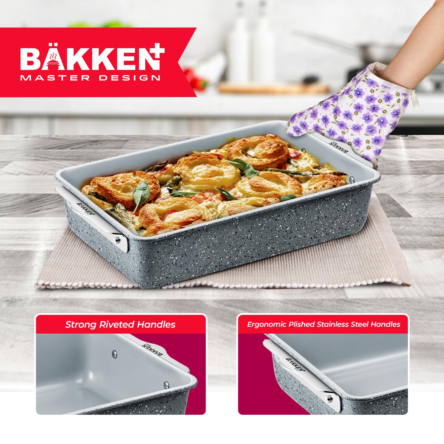 Bakken 8-Piece Stackable Bakeware Set - Ceramic Non-Stick Coating, Baking Sheets, Assorted Baking Pans, PTFE, PFOA & PFOS Free - Healthy Baking, Ergonomic Handles, Cooling Rack, Non-Toxic, Oven-Safe