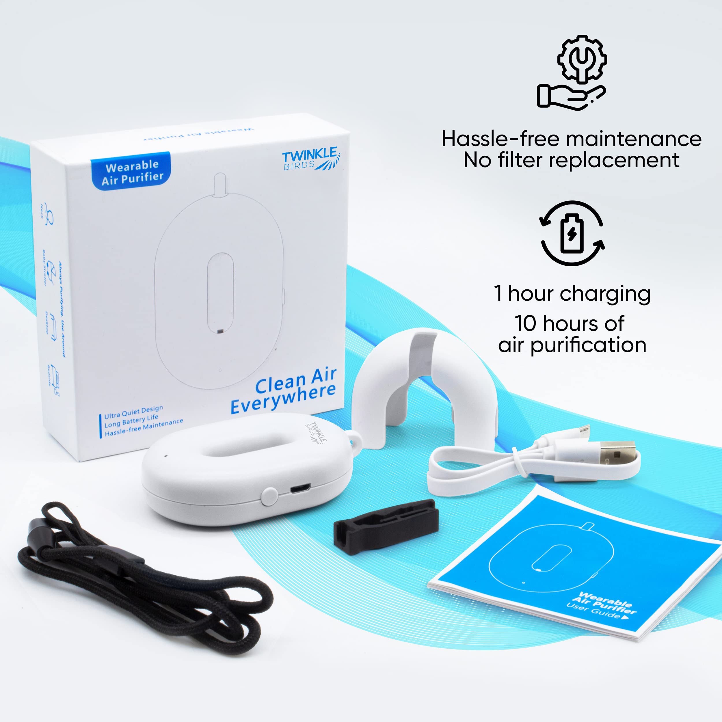 Wearable Air Purifier Necklace - Portable Personal Ionizer - Rechargeable Travel-Size Air Cleaner - Removes Dust Allergen Odor Viruses Bacteria - Use in Office Airplane Train Bus - For Kids and Family