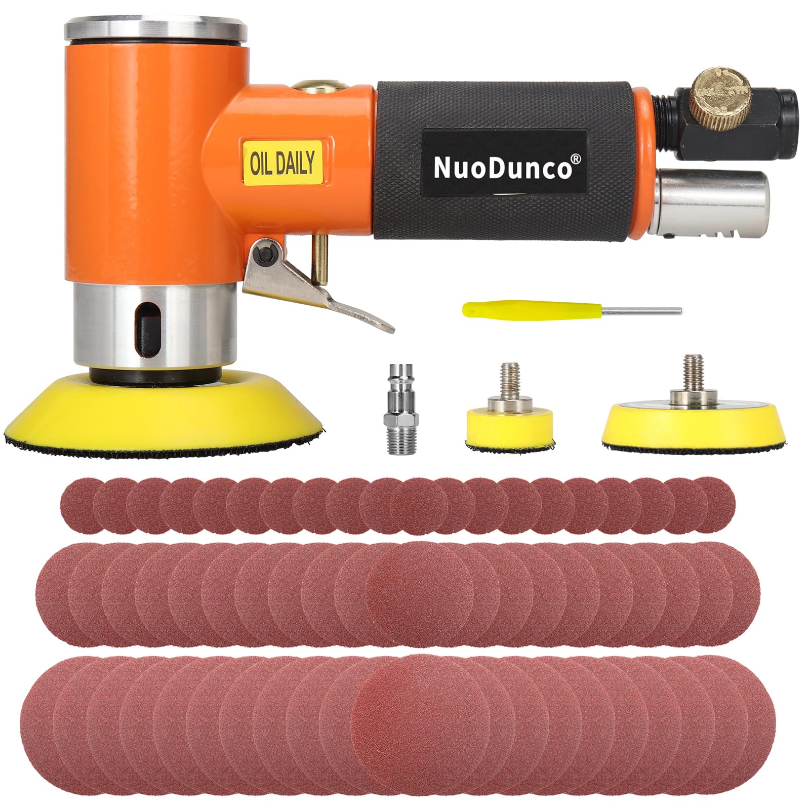 Photo 1 of NuoDunco 1/2/3 Inch Mini Random Orbital Air Sander Kit Industrial Grade Pneumatic Sander for Auto Body Work with 60 Pcs 1"2"3" Hook & Loop Sanding Discs for Metal & Woodworking