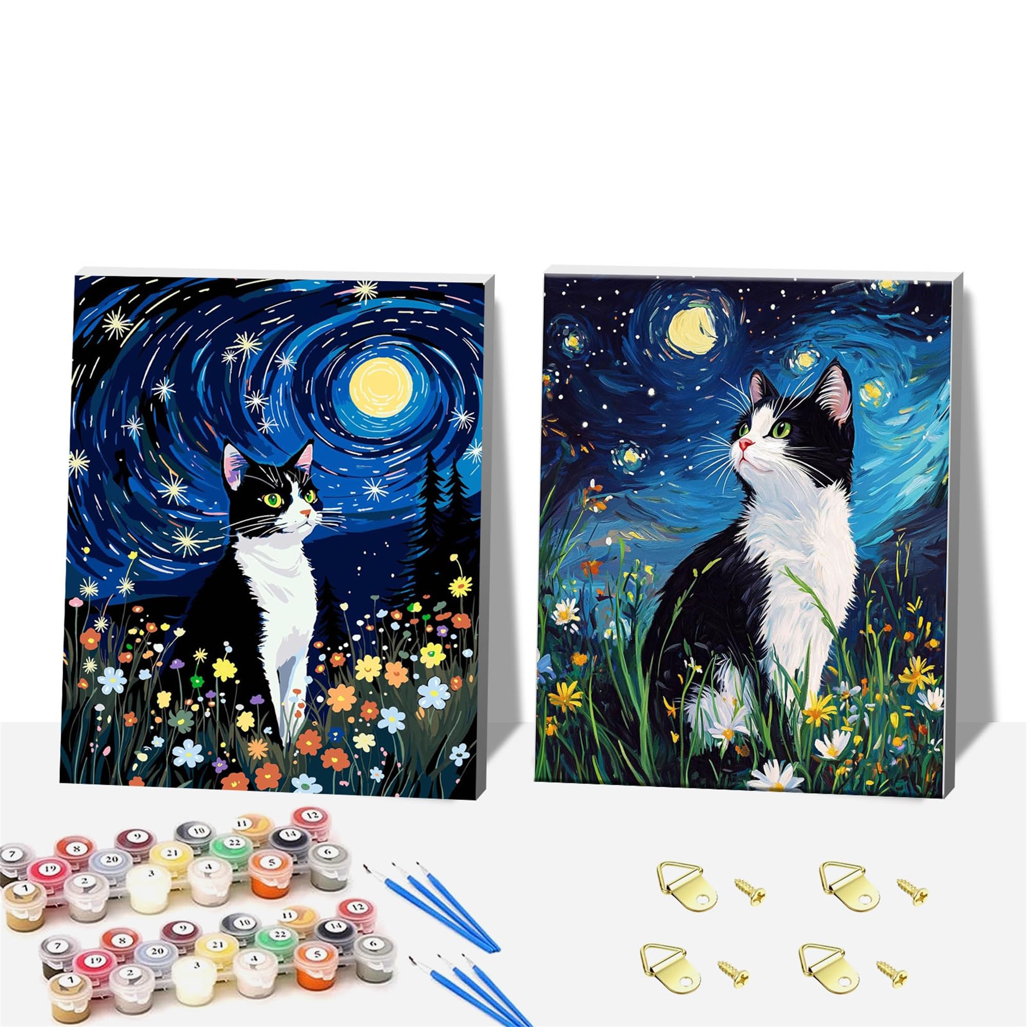 NZNANCHU 2 Pack Cat Wooden Framed Adult Paint by Numbers Kits,Starry Sky Easy Painting by Number Kits on Canvas,Color by Numbers Watercolor Gifts for Friends Home Wall Decor