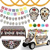 Moucuny 36 Pcs Day of The Dead Golf Cart Decoration Parade Float Mexican Dia De Los Muertos Tablecloth Colorful Skull Banner Flag Balloon Marigold Garland Wreath Flowers for Trailer Altar Fiesta Party