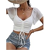 SweatyRocks Women's Ruched Drawstring Ribbed T Shirt Short Raglan Sleeve Sweetheart Neck Crop Top