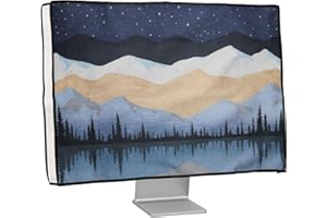 kwmobile Dust Cover for 27-28" Monitor - Linen Monitor Protector with Design - Starry Night Lake White/Light Brown/Dark Blue