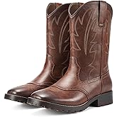 Rollda Cowboy Boots for Men Western Boots Men's Square Toe Chunky Heel Mid-Calf Boots Classic Embroidered Pull On Boots