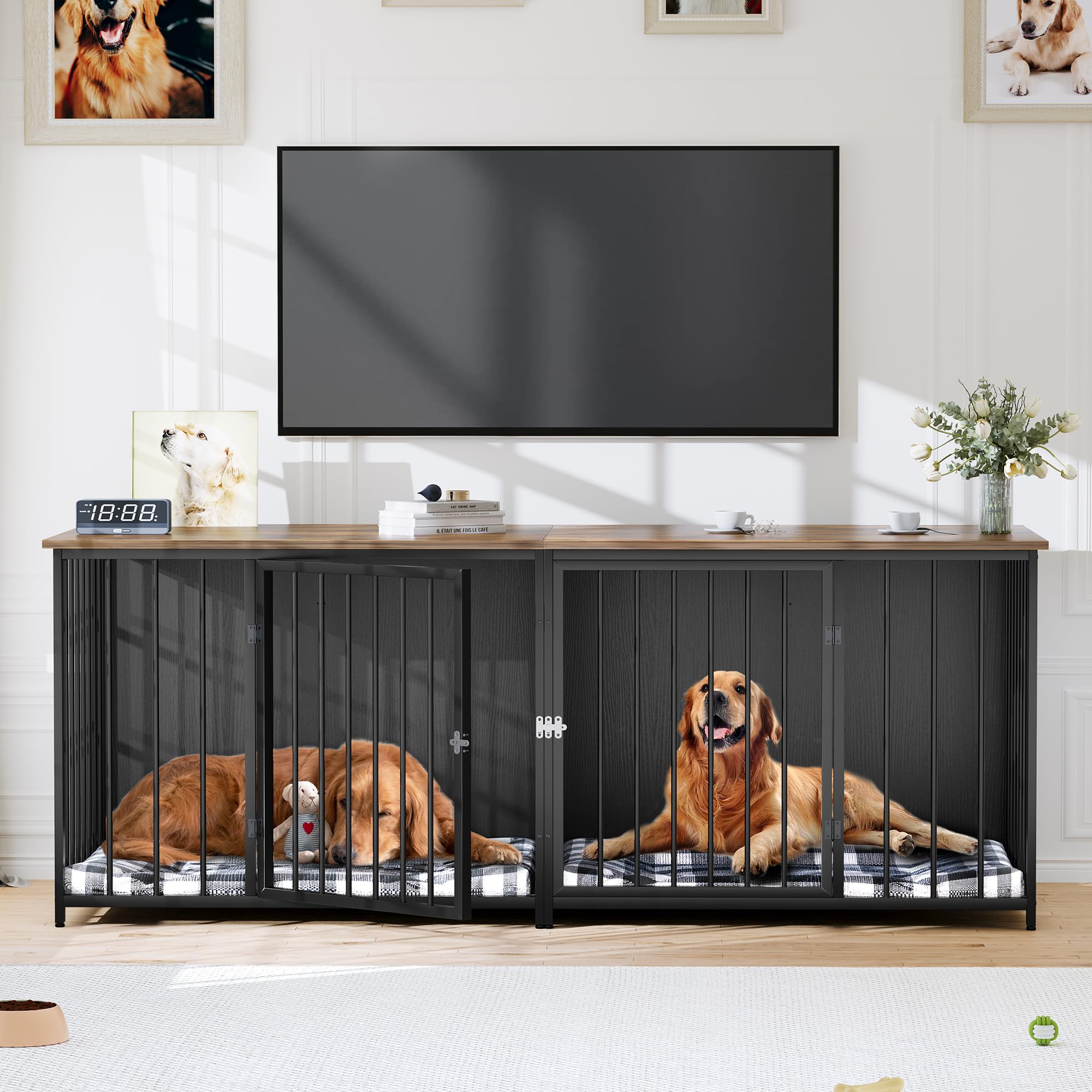 Photo 1 of ***(PARTS ONLY/ MISSING PARTS/ NON FUNCTIONAL)***DWVO Double Dog Kennel Furniture, 80.2" Dog Cage Furniture with Divider, Double Dog Crate TV Stand for 2 Medium Dogs, Black
