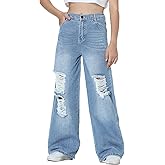 EXARUS Girls Jeans Pants Wide Leg/Flare/Skinny Denim Pant Ripped High Waist Elastic Band Casual with Pockets Kids 6-14Y