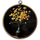 CUANFDDSF Vintage Floral Round Wall Art, Rustic Floral Framed Hanging Wall Decor, Dark Cottagecore Yellow Flower Botanical Ae