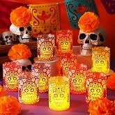 Tuanse 24 Pcs Dia De Los Muertos Candle Holder Luminary Paper Decorations | Day of The Dead Votive Decorations, Candles Holders Altar Paper Lampshade, for Skull Dia De Los Muertos Party Decor Supplies