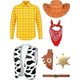 Aotiooy Cowboy Costume for Men, 7Pcs Halloween Western Outfit Set | Iconic Western Sheriff Look, Relaxed Fit, 6 Sizes for Most Adults, Includes Shirt/Vest/Badge/Belt/Holster/Hat/Bandana