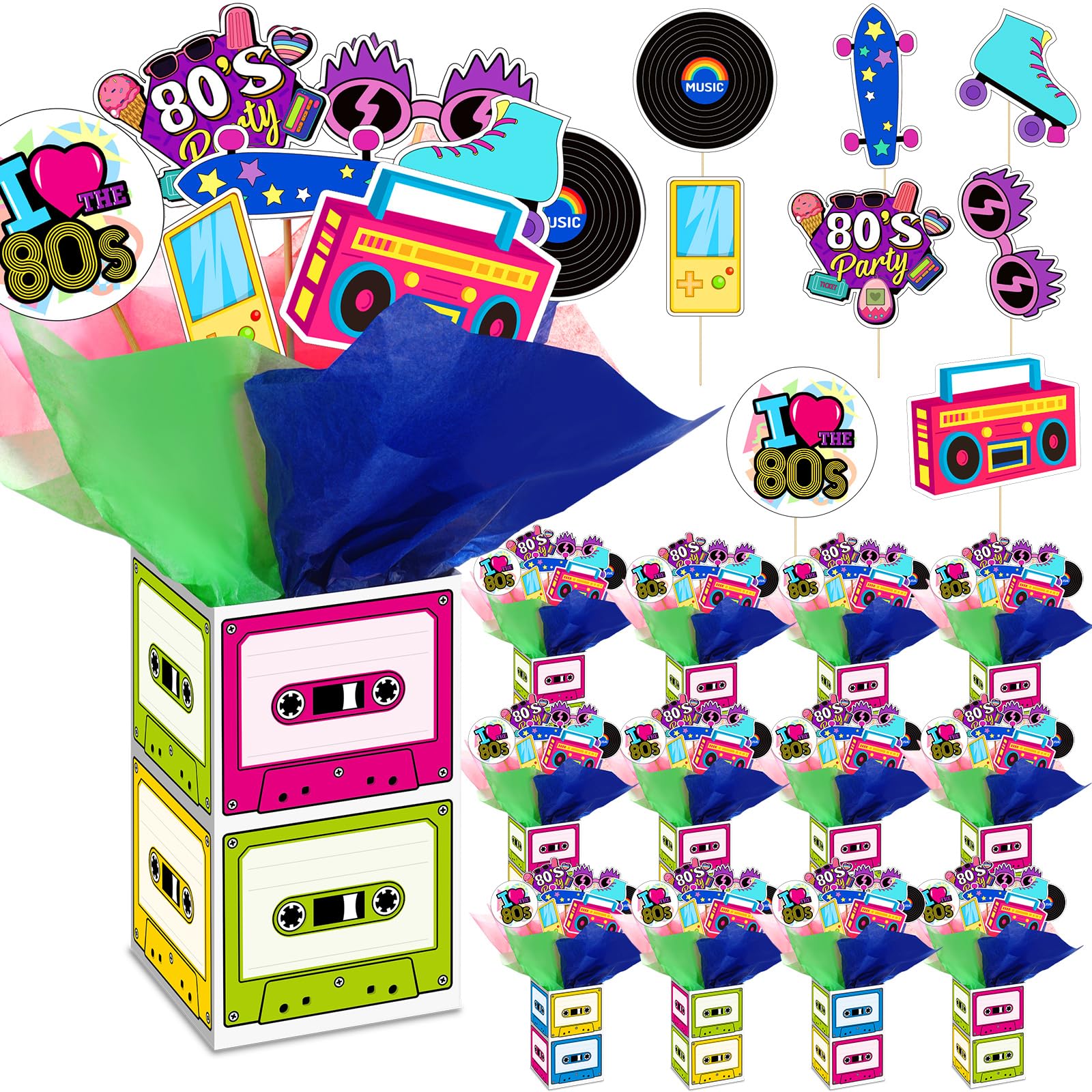 Photo 1 of Weekgrat 12 Sets 80's Retro Party Decorations 80's Centerpieces Retro Hip Hop Table Toppers with Cassette Tape Box 1980's Cutouts and Sticks for Shower Party Birthday Decor