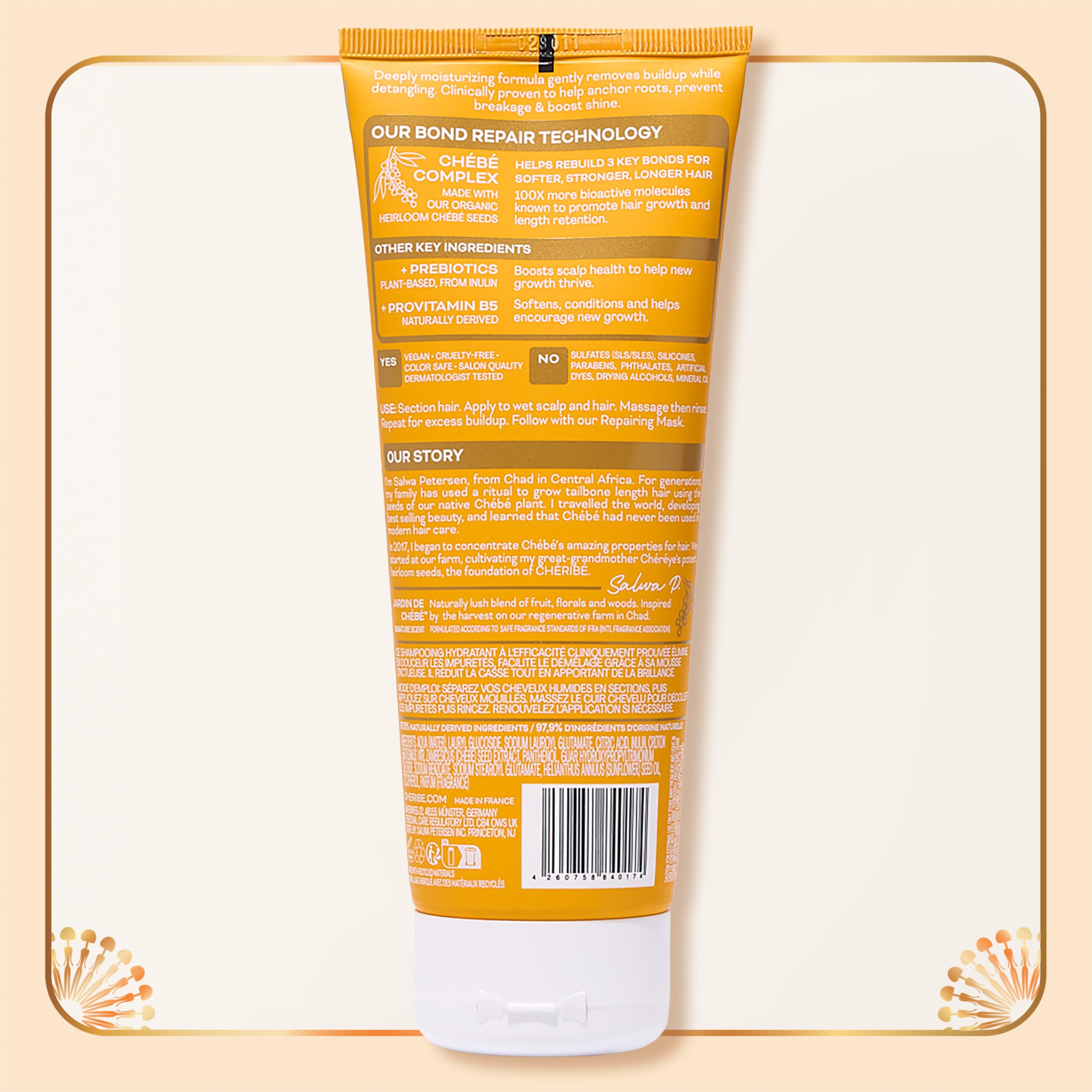 Cheribe Hydrating Shampoo with 100% Natural Chebe Complex + Prebiotics, Restores Moisture & Boosts Shine For All Hair Textures 2A-4C & Porosities, Sulfate Free Cleanser For Damaged Hair, 8 fl oz