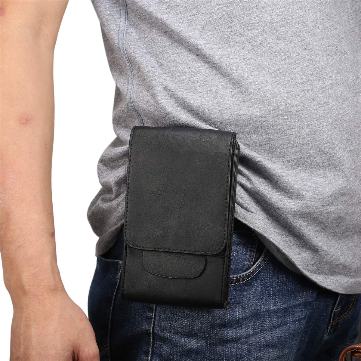 Cell Phone Belt Clip Wallet Leather Men, Vertical Cell Phone Belt Bag Leather, 7.2" Universal Outdoor PU Leather Cellphone Belt Holster Mobile Phone Belt Case Waist Pouch with Belt Loop Carabiner