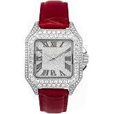 Techno Pave Mens 32mm Iced Out Leather Band Watch &ndash; Square Dial, Roman Numerals &ndash; Hip Hop Bling Style Timepiece for Streetwear &amp; Fashion