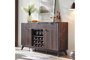 OKD 60" Fluted Buffet Cabinet with Storage - 3 Drawers and 2 Doors, Mordern Wine & Coffee Bar Cabinet with Wine and Glass Racks, Sideboard with Adjustable Shelves for Kitchen, Dining Room,Walnut