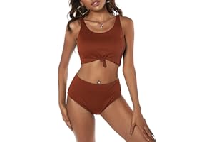 ZAFUL Women's Scoop Neck Tropical Leaf Knotted Two Pieces Tankini Set Swimsuit