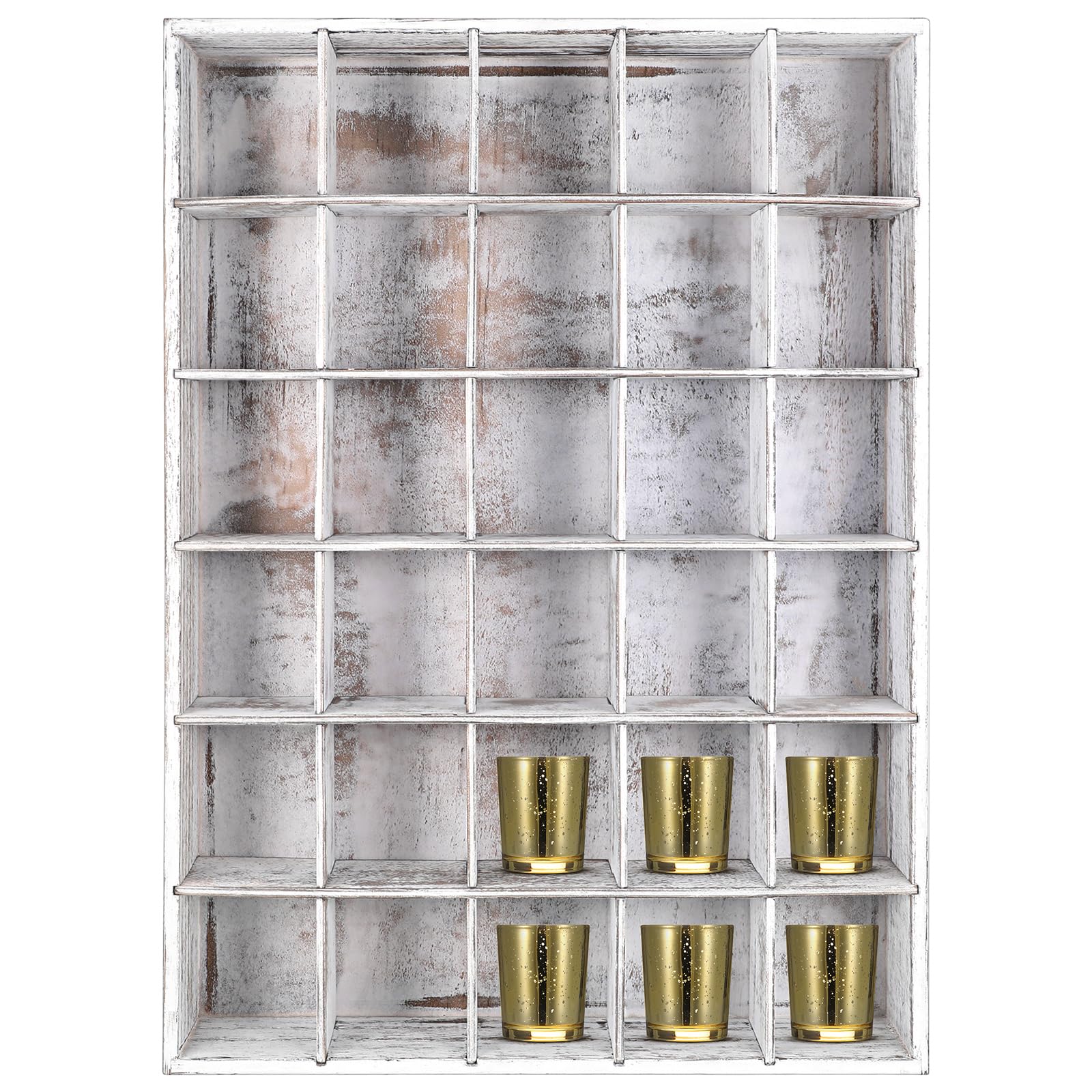Photo 1 of Wenqik 1 Pcs Shot Glass Display Case for Wall 30 Slots Case Wooden Shot Glass Holder Display Rustic Shelf Collection Display Rack Freestanding(Old White)