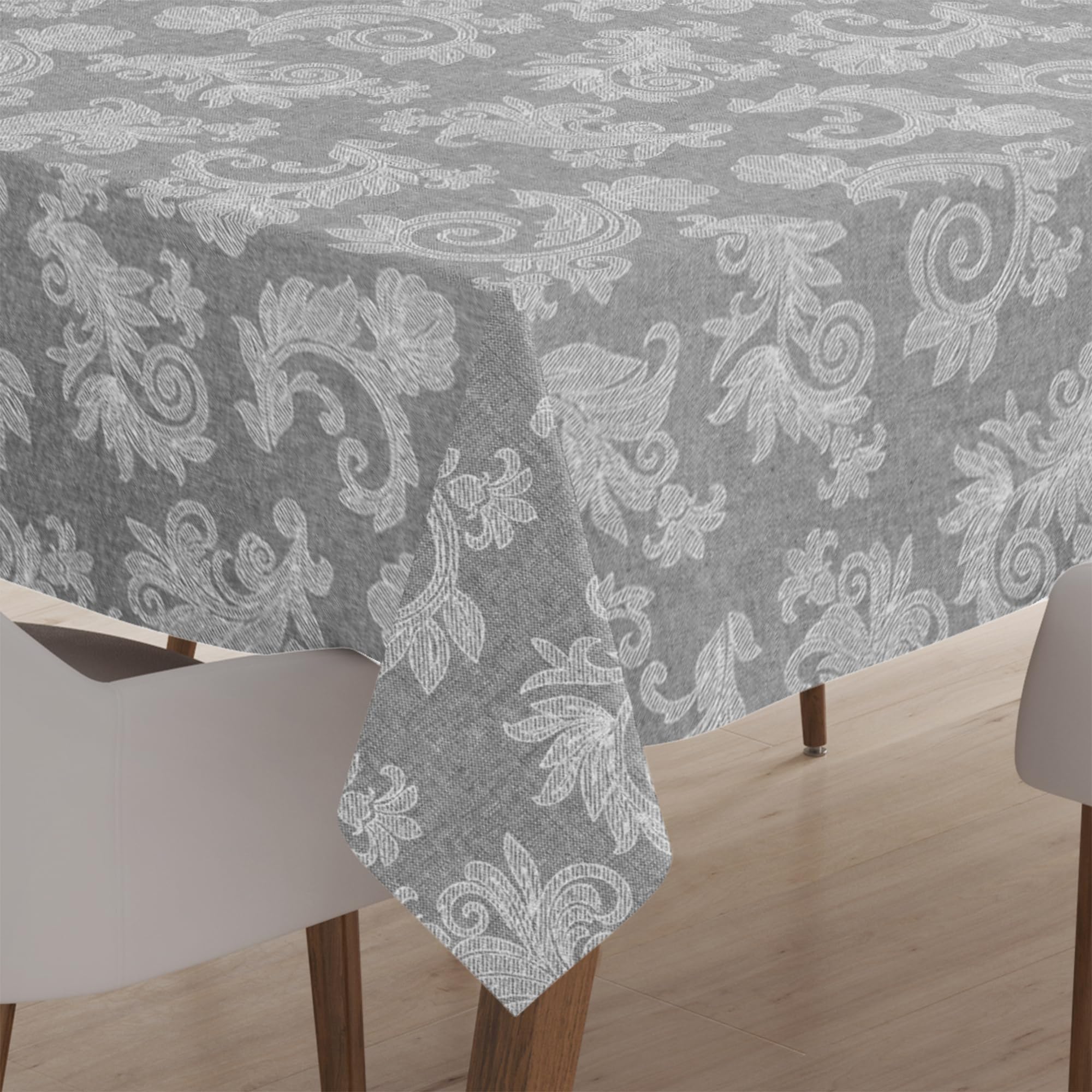Encasa XO 4 Seater Dining Table Cloth 145x145 cm (57x57 in) I Floral Grey Jacquard Style Print on Chambray Homespun Cotton I for Family Gatherings, Parties I Washable — image 1