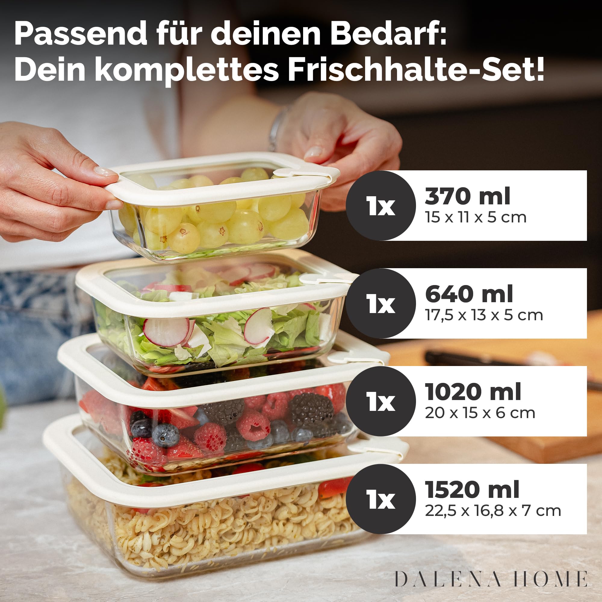 Dalena Home Frischhaltedosen Set 1x370ml, 1x640ml, 1x1020ml, 1x1520ml – Borosilikatglas, Glasbehälter luftdicht & mikrowellengeeignet, Meal Prep, Kühlschrank Organizer, Aufbewahrung Küche 2