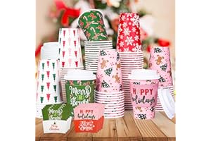 Houuqe 100 Pack Christmas 12 Oz Coffee Cups with Lids & Sleeves, Christmas Disposable To Go Paper Coffee Cups Xmas Hot Cocoa 