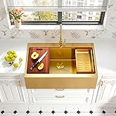 Rhbamoa 30 Inch Gold Farmhouse Sink,16 Gauge T304 Stainless Steel Drop in Kitchen Sinks,Gold Single Bowl Apron Front Farm Sin