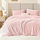 EXQ Home Fluffy Comforter Set King Size - Super Soft Faux Fur Stripe Jacquard Comforter 3 Pieces, Pink Fleece Bedding Set,Winter Warm Bed Set,1 Comforter with 2 Pillowcases