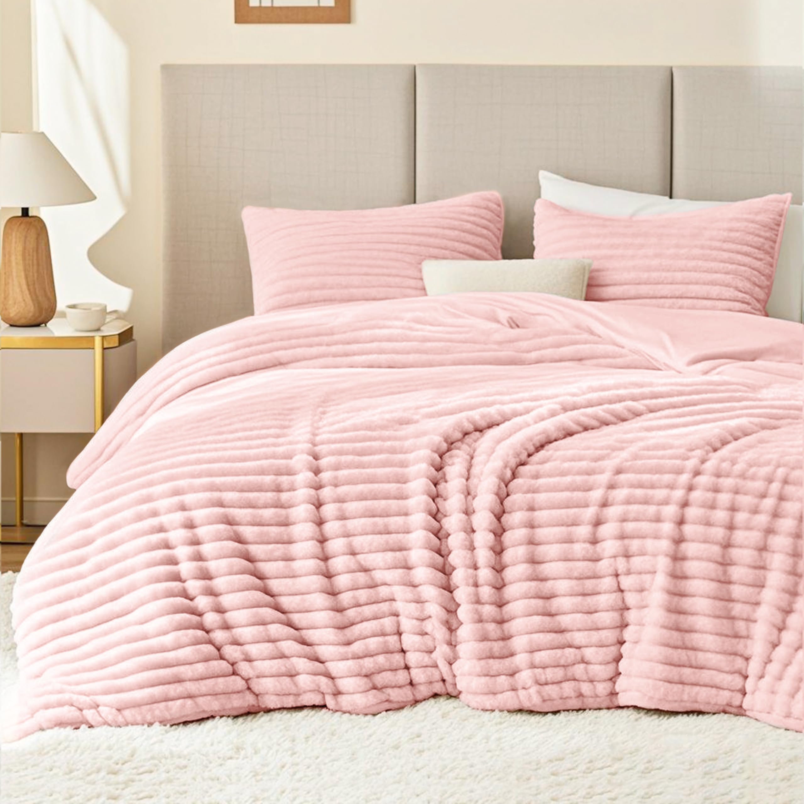 EXQ Home Fluffy Comforter Set King Size - Super Soft Faux Fur Stripe Jacquard Comforter 3 Pieces, Pink Fleece Bedding Set,Winter Warm Bed Set,1 Comforter with 2 Pillowcases Image