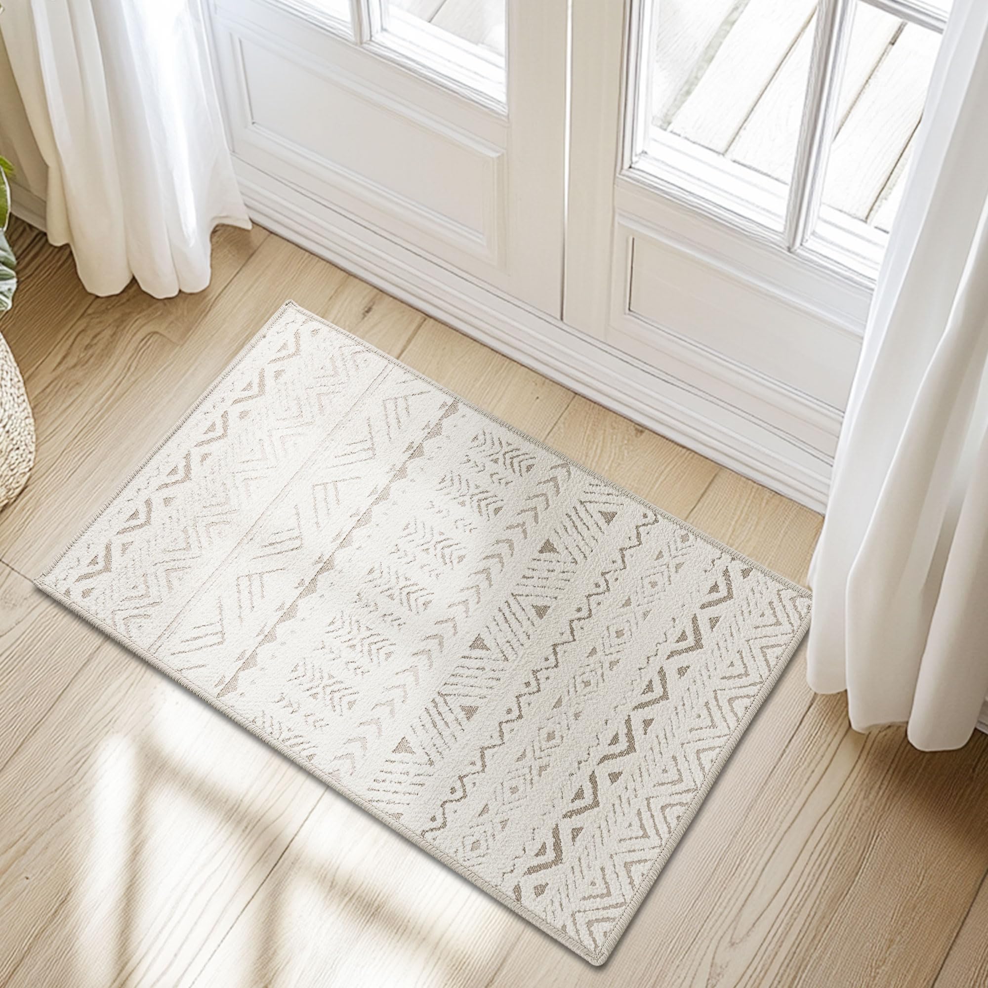 Photo 1 of RYB HOME Machine Washable 2x3 Jacquard Door Rug, Non Slip 3D Textured Geometric Tufted Carpet for Entry Door, None Shedding Area Rug for Kitchen Bathroom Hallway, Beige