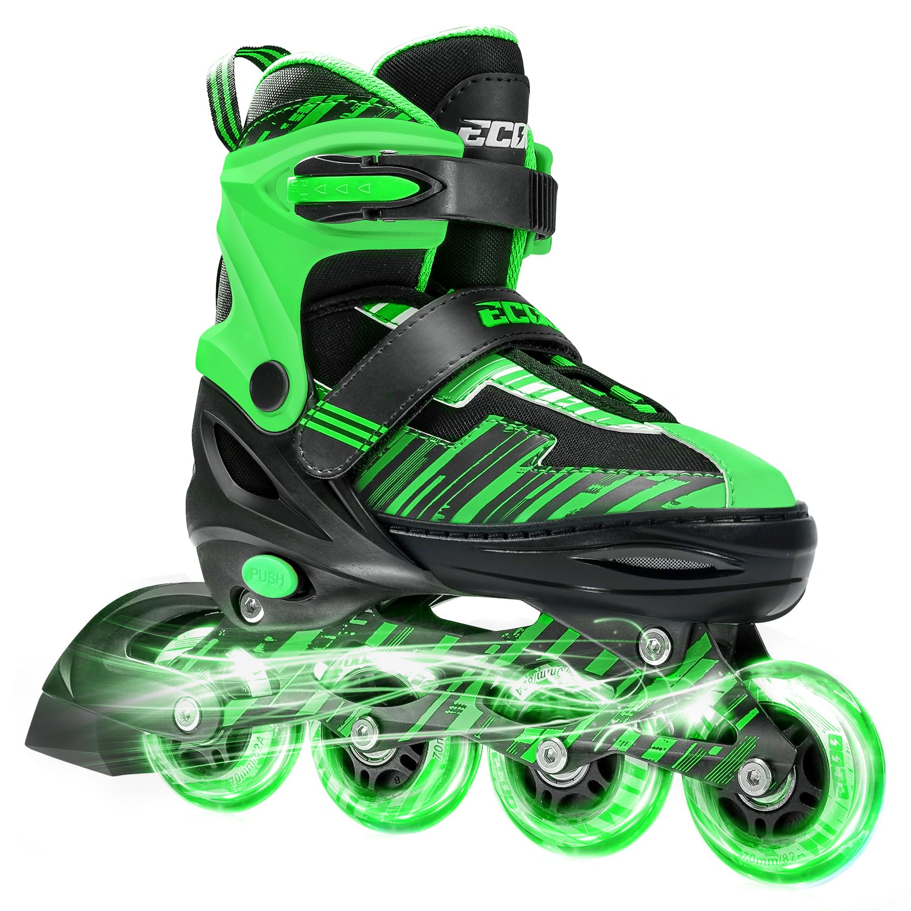 ECOO Adjustable Inline Skates Boys and Girls with Light up Wheels，Roller Skates for Kids Ages 4-12, Teen Skates for Beginner Outdoor and Indoor (Green & Black, Small-Little Kids(11j-13j US) Image