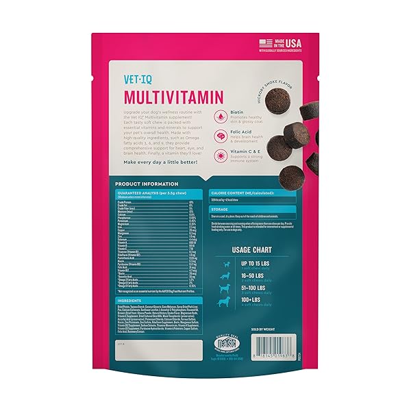 VETIQ MULTIVITAMIN SUPPLEMENT FOR DOGS, SUPPORTS ACTIVE BRAIN FUNCTION, IMMUNE SYSTEM, AND DIGESTIVE SYSTEM, HICKORY SMOKE FLAVORED DOG MULTIVITAMIN, MADE IN THE USA, 60 COUNT