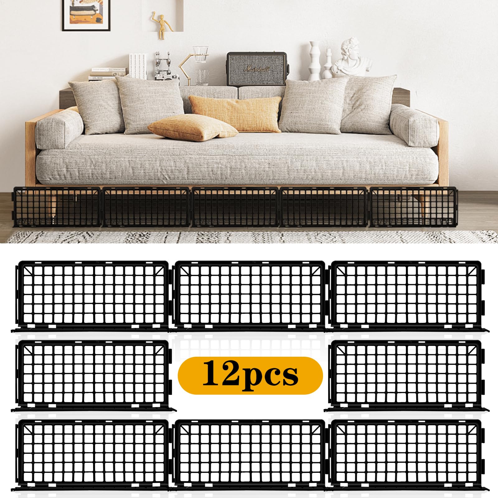 Photo 1 of 12 Pack (6.7" H,14.5" L) Under Couch Blocker and Under Bed Blocker for Pets Couch Guards,Plastic Under Couch Toy Blocker Detachable Assembly Couch Blocker for Stopping Cat or Other Things (Black)