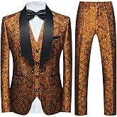 Tuxedo Suits for Men 3 Piece Regular Fit Suit Floral Pattern Blazer Jacket Waistcoat Pants Men Suit Set for Wedding