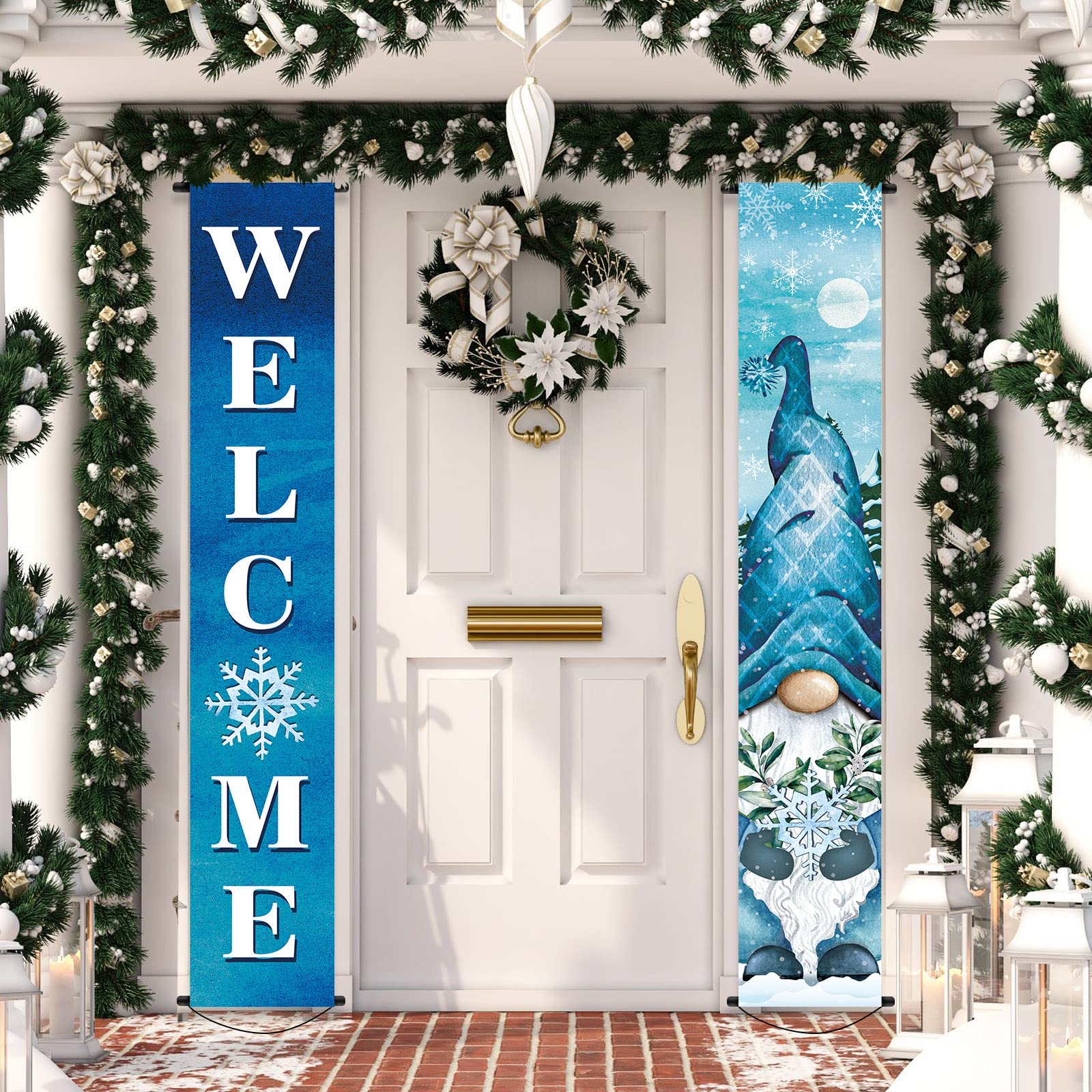 Photo 1 of 2 Pcs Christmas Porch Banners Winter Gnome Porch Sign Christmas Hanging Welcome Banner Flag Snowflake Xmas Welcome Banners for Home Door Decor Outdoor Indoor Holiday Party Supplies 71 x 12 Inch