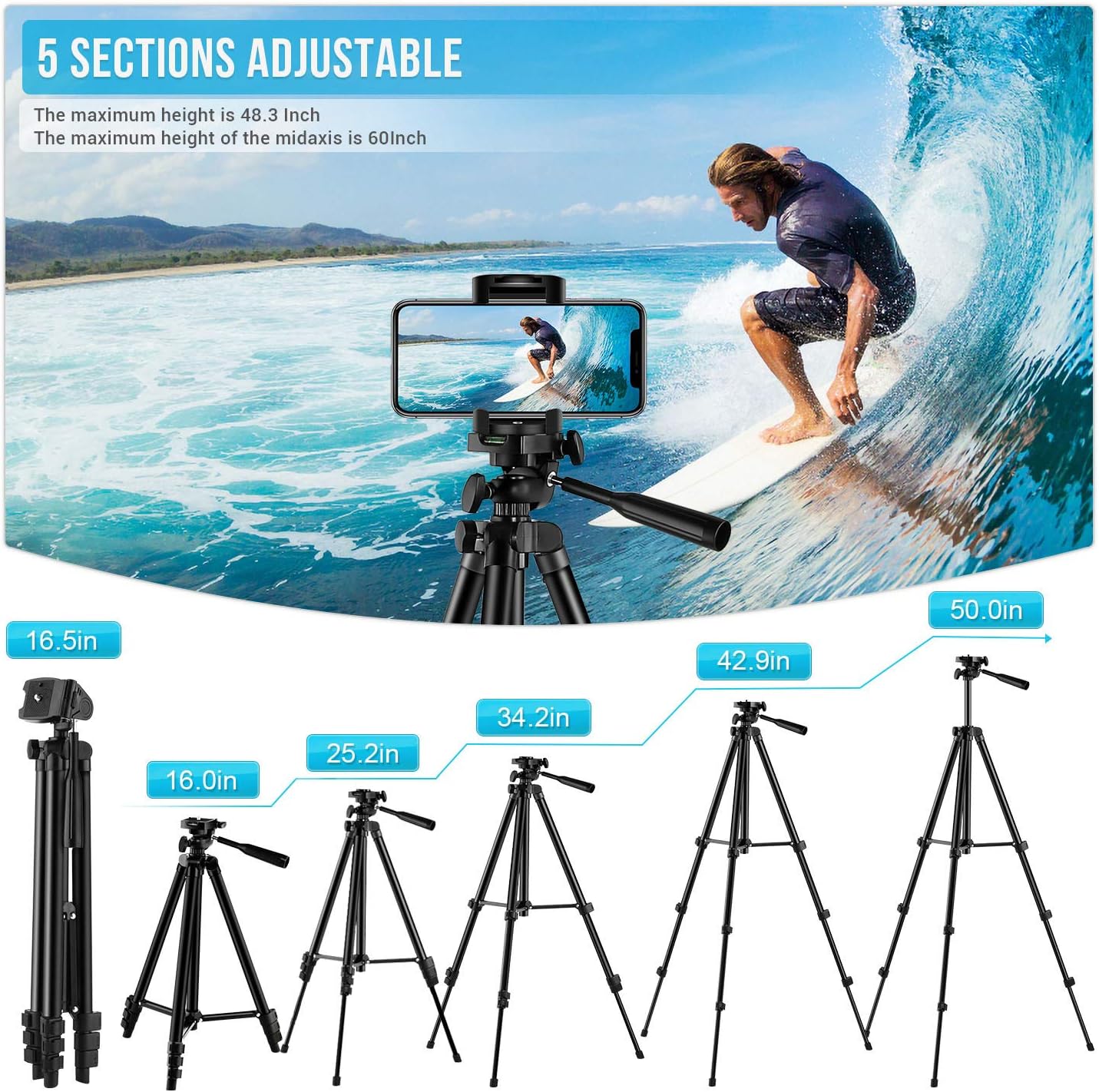 【New Version】 Phone Tripod, Premium Aluminum Alloy Camera Tripod with Cell Phone Mount & Wireless Bluetooth Remote, Professional 50" Extendable Portable Tripod Stand, Compatible with iOS/Android : Camera & Photo