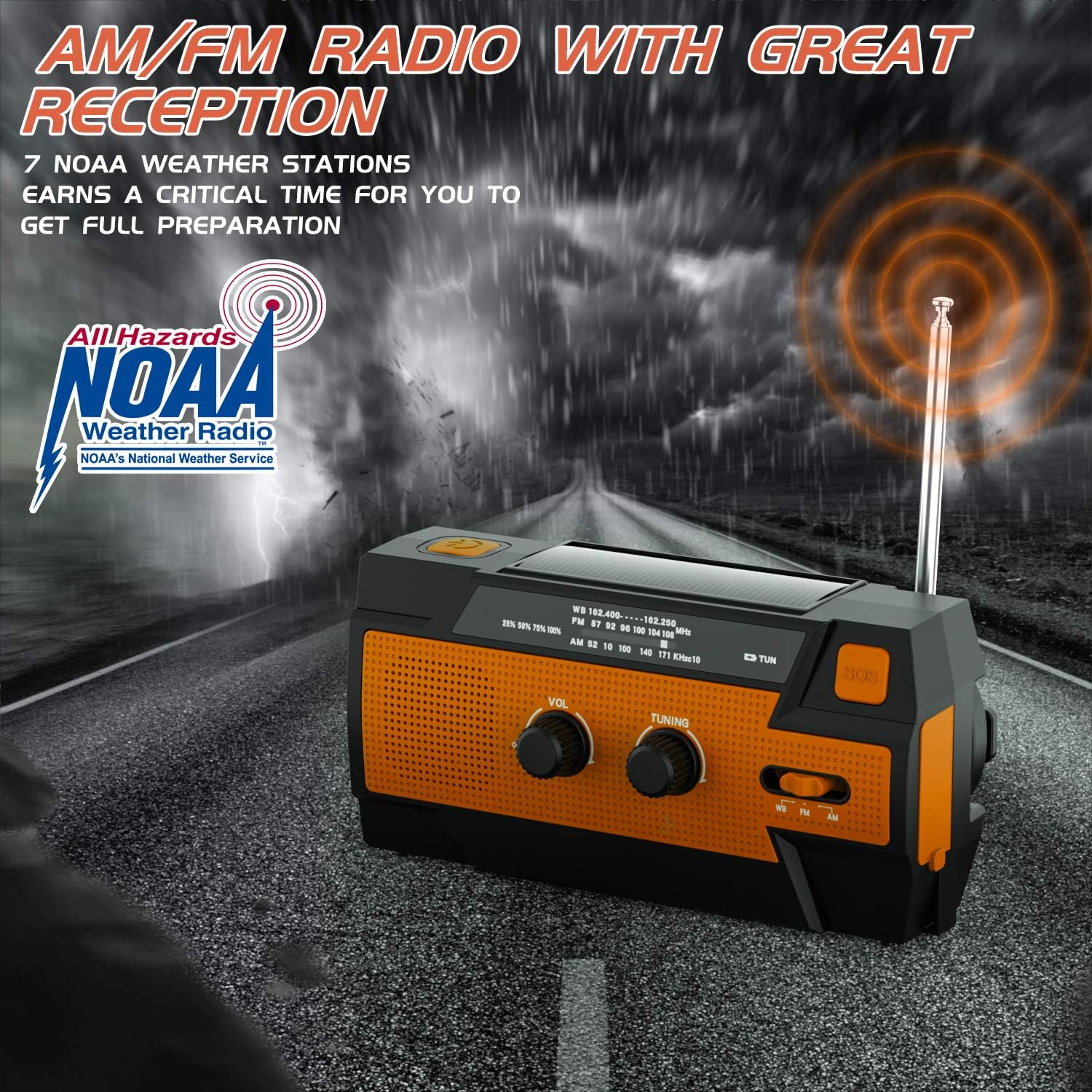 Emergency Radio Hand Crank Solar, 4000mAh Portable Weather Radio, NOAA Weather Radio, Outdoor Radio with Flashlight & Motion Sensor Reading Lamp, Solar Cell Phone Charger, SOS Alarm(Orange): Home Audio & Theater