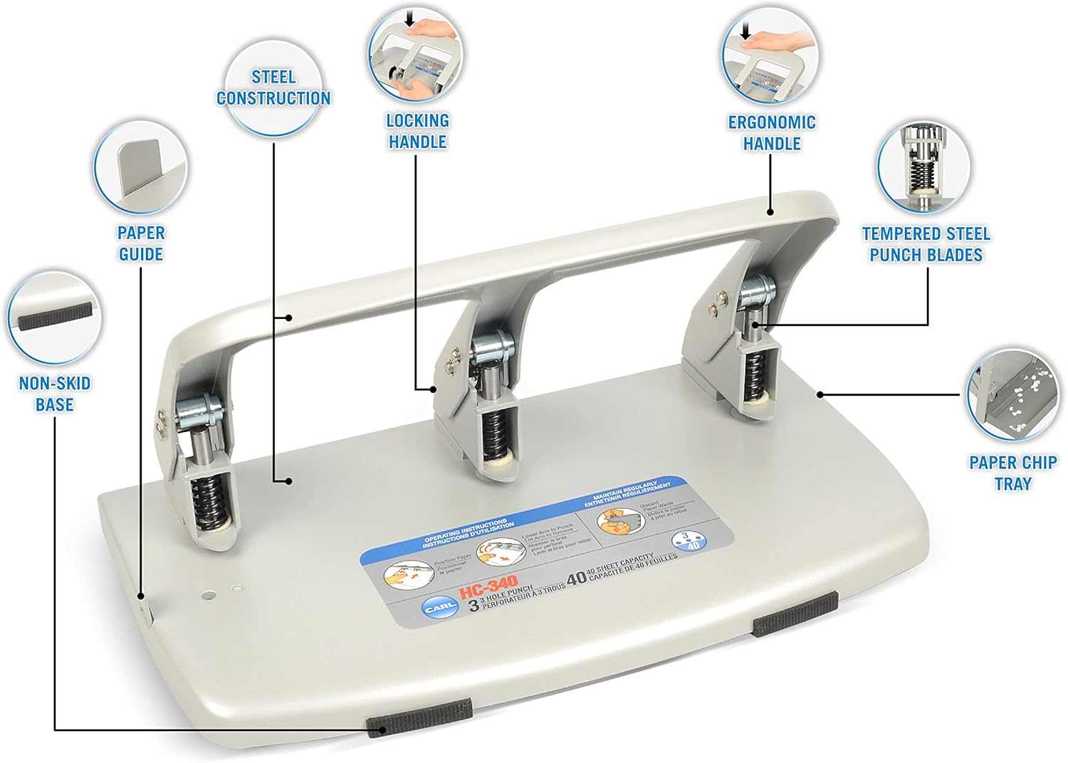 CARL, Medium-Duty 3 Hole Paper Punch, 40 Sheet Punch Capacity, Metallic, Model:HC-340 : Paper Punches : Office Products