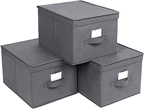 SONGMICS Juego de 3 Cajas Plegables con Tapas, Cubos de Tela con Etiquetas, Cajas de Almacenamiento, 30 x 40 x 25 cm Gris RFB03G 