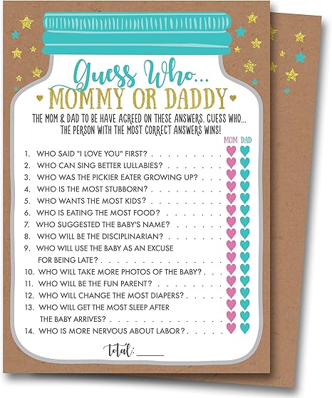 Amazon Com Neatz Baby Shower Mommy Or Daddy Guess Who Game 25 Cards Gender Neutral Boy Or Girl Mason Jar Design Baby Shower Games Baby Shower Decorations Baby Shower Favors Gender