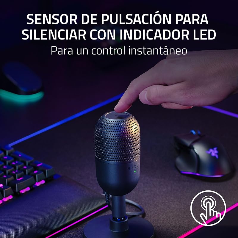 Razer seiren v3 mini - microfone usb ultracompacto - microfone condensador de 14 mm (padrão de captação supercardióide, sensor tap-to-mute com indicador led, amortecedor integrado) preto