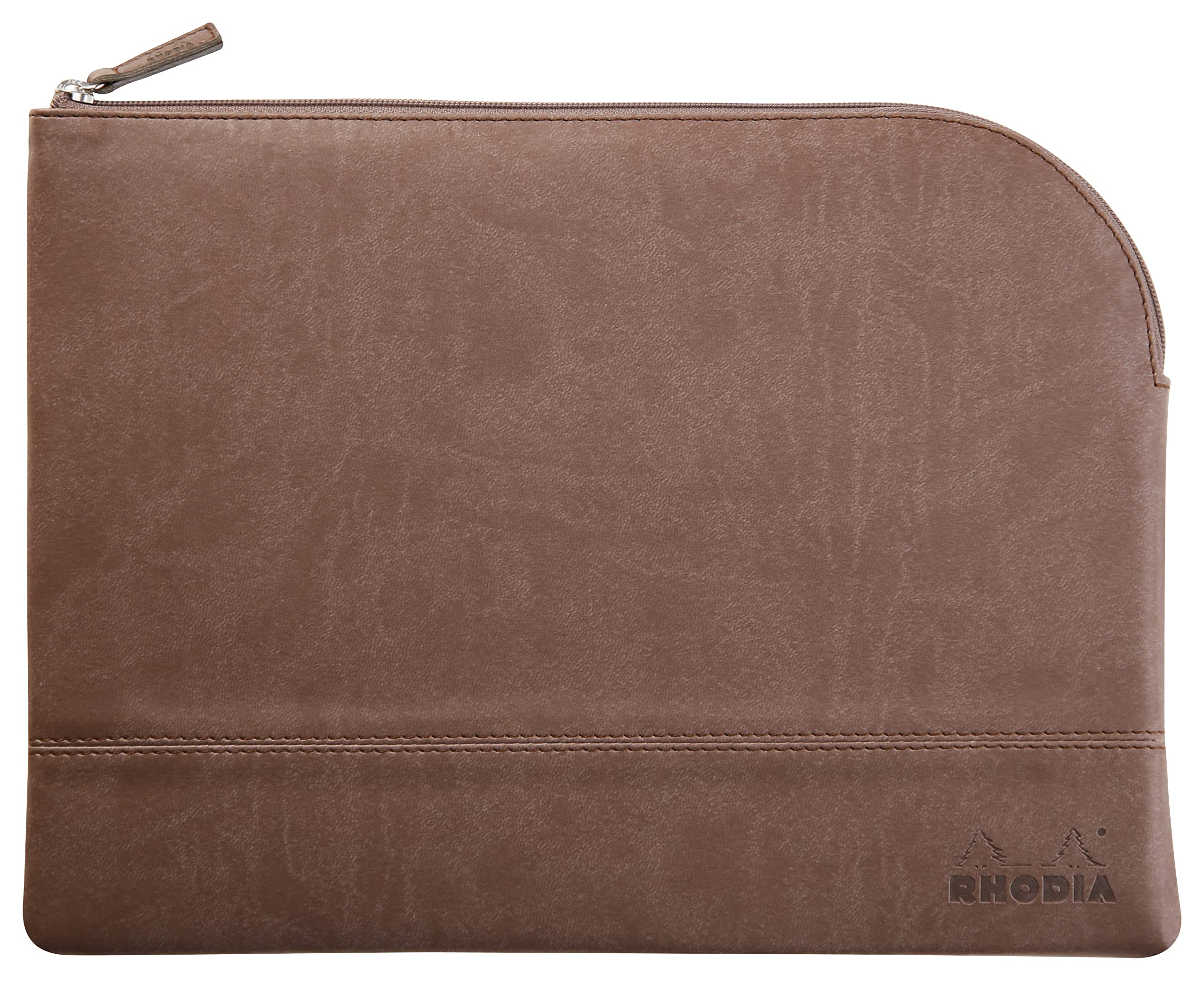 RHODIA 116724C - Faux Leather Zipped Pouch - Chocolate - Size L (21 x 28 cm) - Genuine Stitching - Orange Fabric Inside - Storage for Documents, Small Supplies