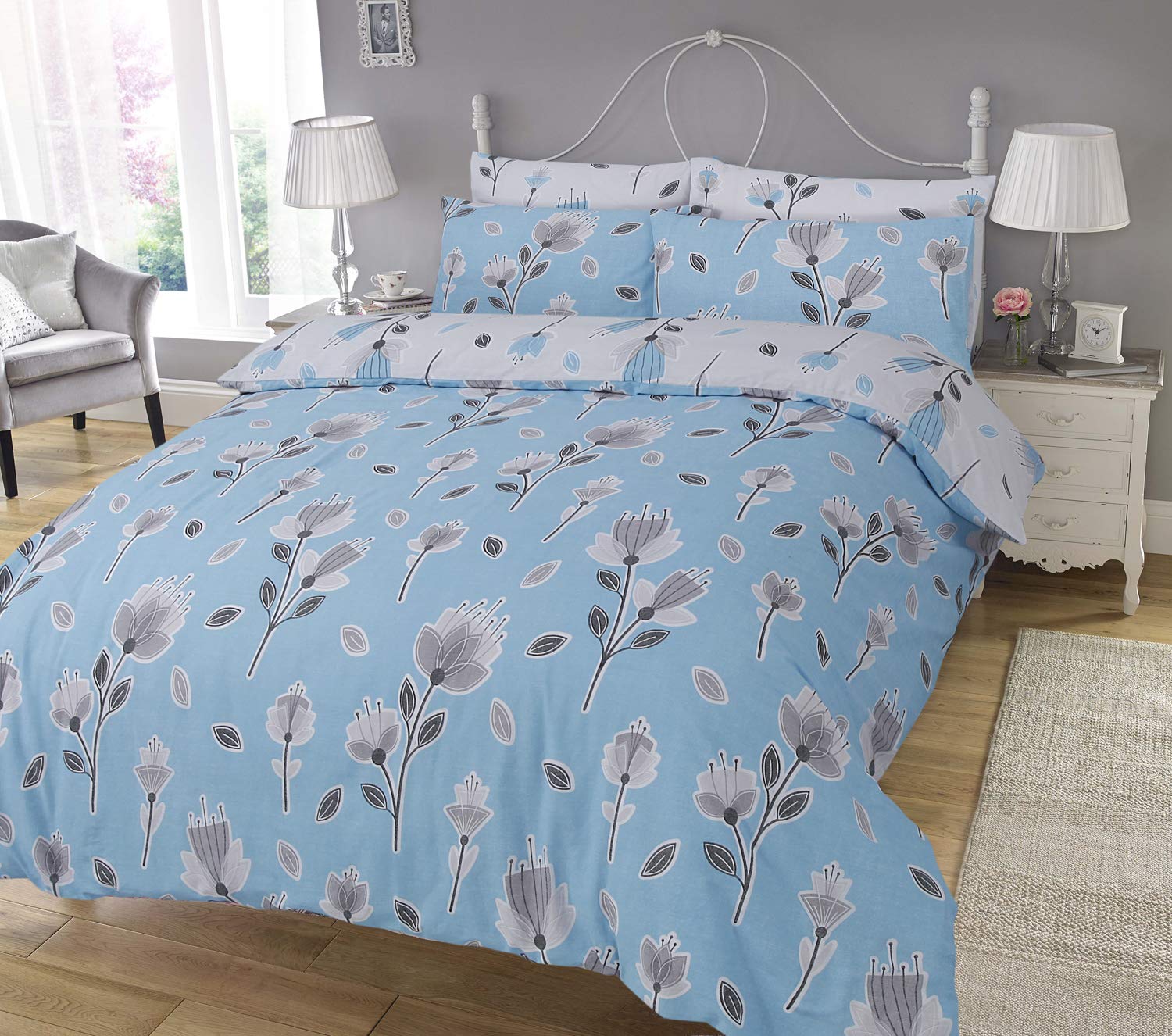 Lyallpur Classic Reversible Polycotton Duvet Quilt Cover Sets with Pillow Cases (Geo Floral Blue, King)