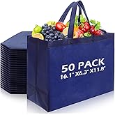 Yoojahow 50 Pcs Reusable Tote Bag with Handles Bulk Extra Large Non Woven Grocery Shopping Bags for Boutiques Retail Store(Navy)