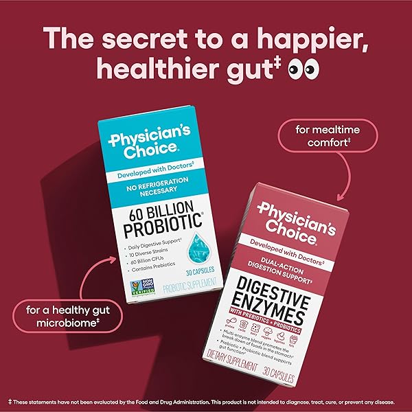 PHYSICIAN’S CHOICE DIGESTIVE ENZYMES – MULTI ENZYMES, ORGANIC PREBIOTICS & PROBIOTICS FOR DIGESTIVE HEALTH & GUT HEALTH – MEAL TIME DISCOMFORT RELIEF & BLOATING – DUAL ACTION APPROACH – 60 CT