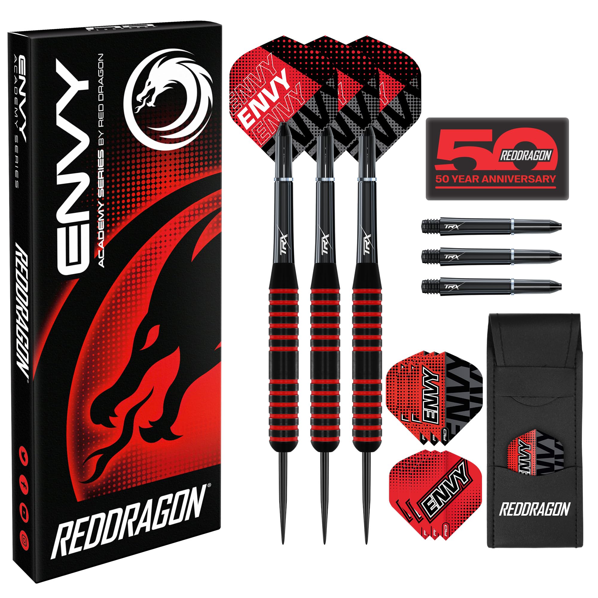 RED DRAGON Darts - Envy Series 22g - Black and Red Professional Brass Steel Tip Darts Set with Dart Flights, Shafts and Wallet