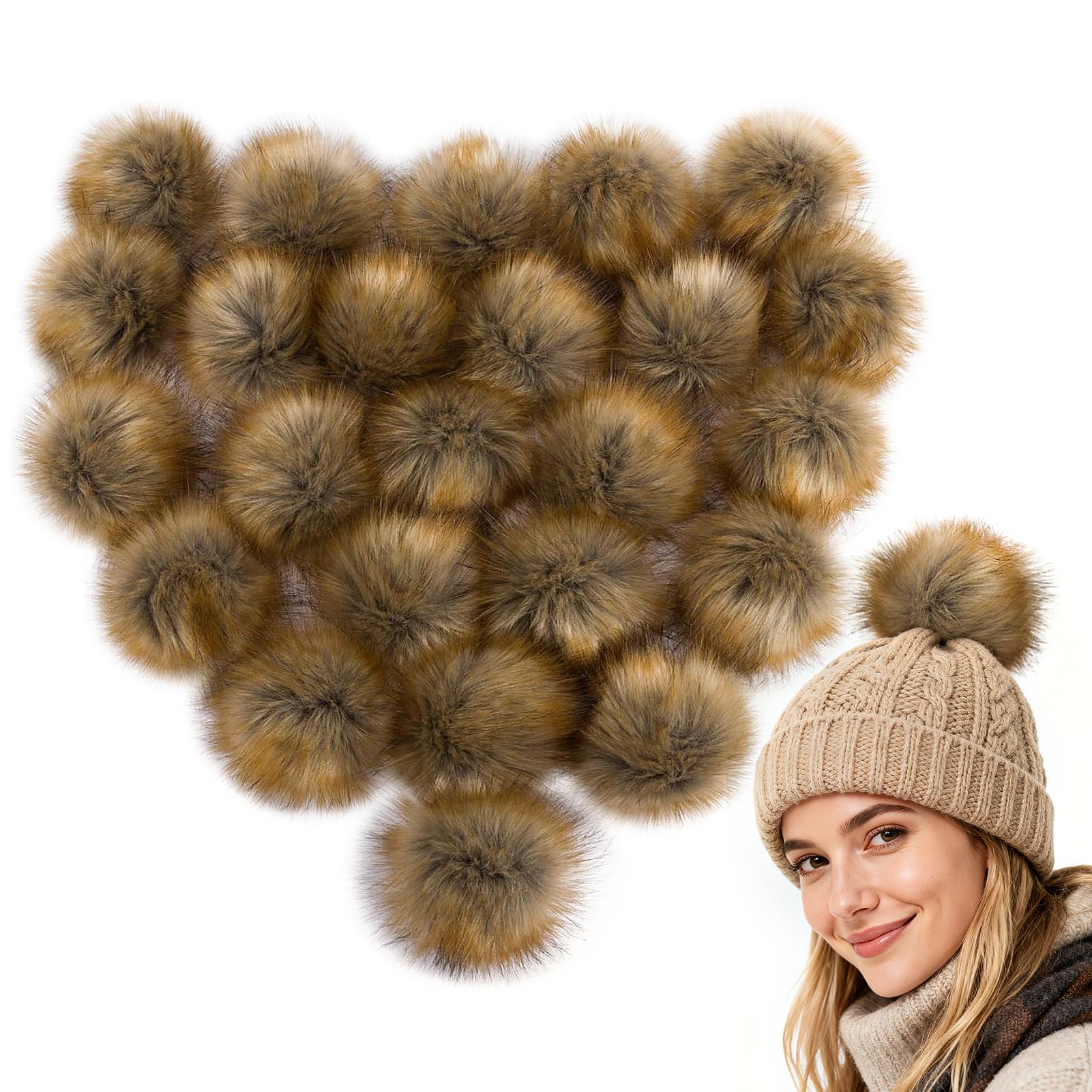 24Pcs Natural Faux Fur Fluffy Pompom Balls- DIY Faux Fox Fur Pom Poms with Elastic Loop Detachable Knitting Accessories for Knitting Hats Beanies Shoes Scarves Gloves Bags Keychains Charms