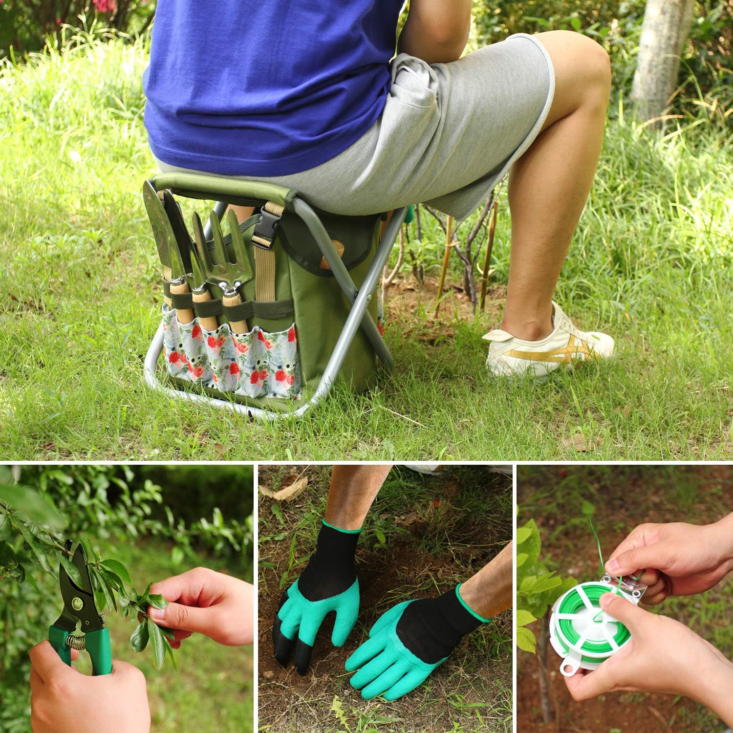 Good GAIN Garden Tools Stool, 12 pcs Gardening Hand Tools Set with Folding Chair Seat and Garden Storage Tote Bag, Garden Tools Carrier, Digging, Gardening Gifts Set for Mom/Dad and Gardeners. Rose: Garden & Outdoor